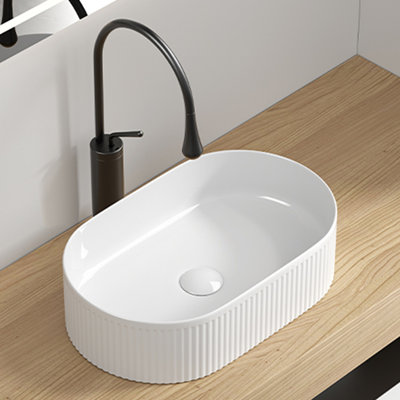 Oval Bathroom Sink Above Counter,19″ X 12″ White Porcelain Vessel Sink, Modern Vanity Bowl Sink, Art Ceramic Wash Basin