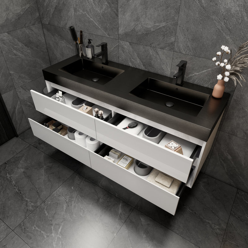 Ensemble de meuble-lavabo double mural 59 po Golitz, Blanc lustré