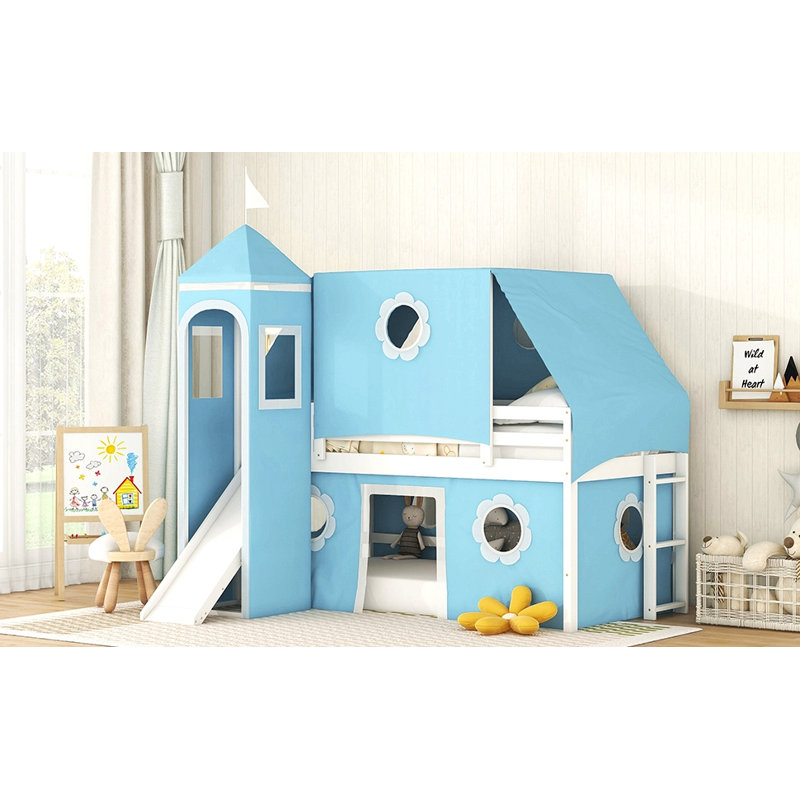Lit mezzanine simple avec tente et tour à glissière bleue