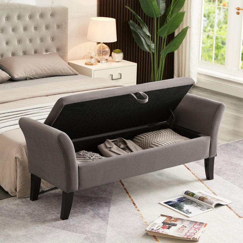 51.5" Grey Velvet Living Room Shoe Bench With Storage - Stylish And Practical Soft Foam Filling, Solid Wooden Legs Furniture Bedroom Compartment Elegant Functional Comfortable Foam, Curved Arms