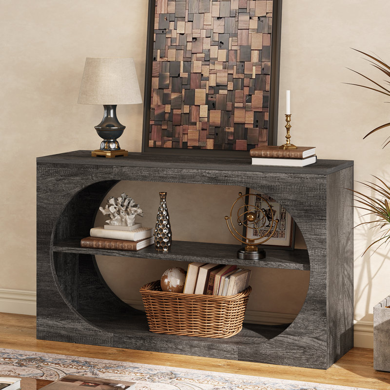 55" Farmhouse Console Table,3-Tier Large Capacity Long Entryway Table Sofa Table with Oval Hollowed Out, Grey