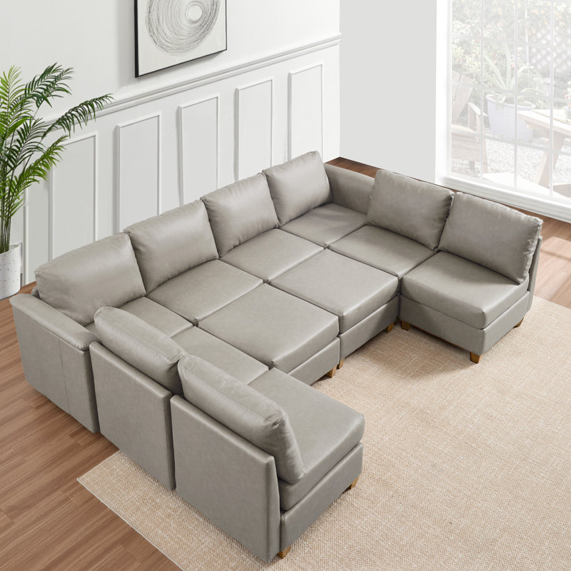 10-Piece Modern Upholstered Sectional Sofa, Beige Faux Leather, Natural