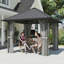 Pavillon de jardin à toit rigide 10 pi x 10 pi avec toit en acier, filet et rideaux