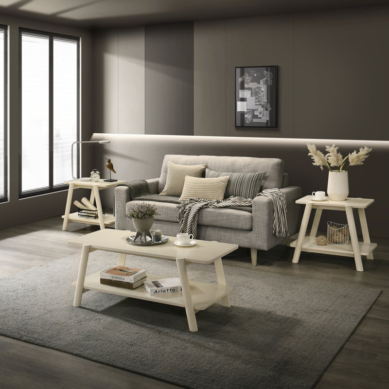 Ensemble de 3 tables basses, table basse et 2 tables de bout, finition blanc cassé, table