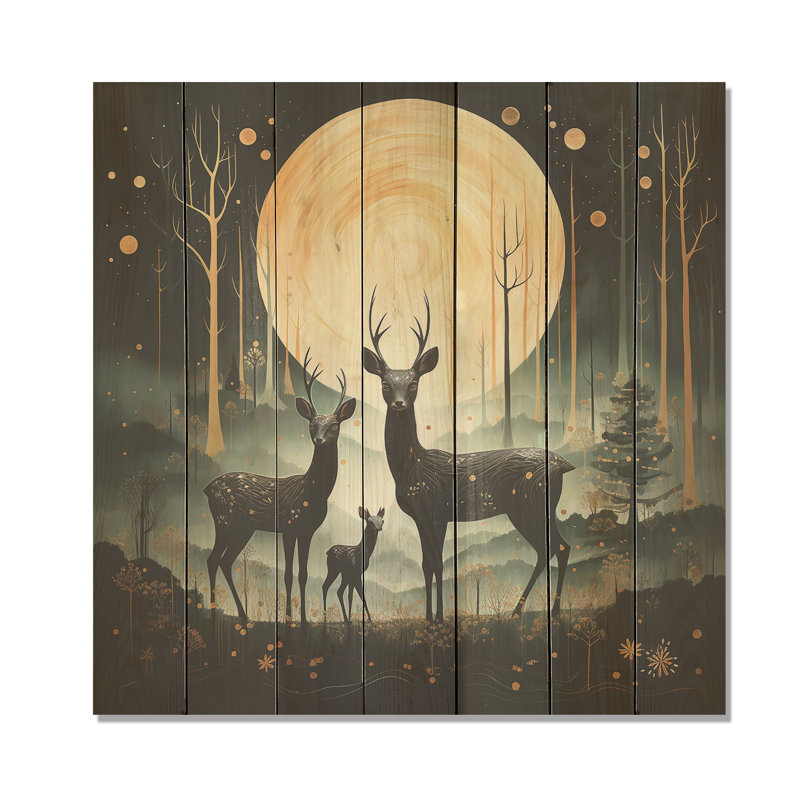 «Wondering Night Deer Family Elegance», impression d'un animal chevreuil sur bois, H 30 po x l 30 po
