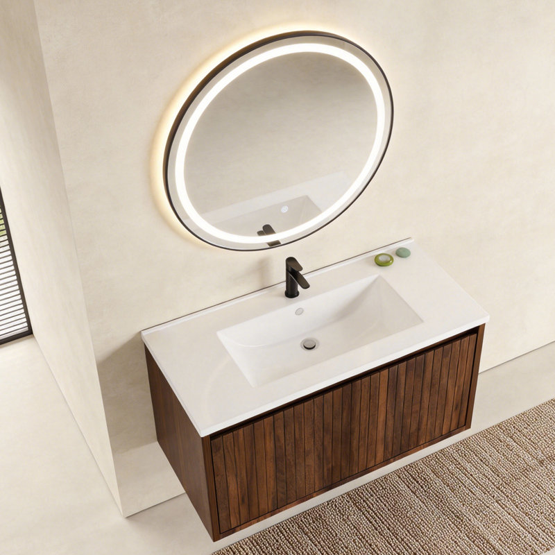Meuble-lavabo mural 30 po avec tiroir divisé, façade verticale texturée et design flottant, Noyer