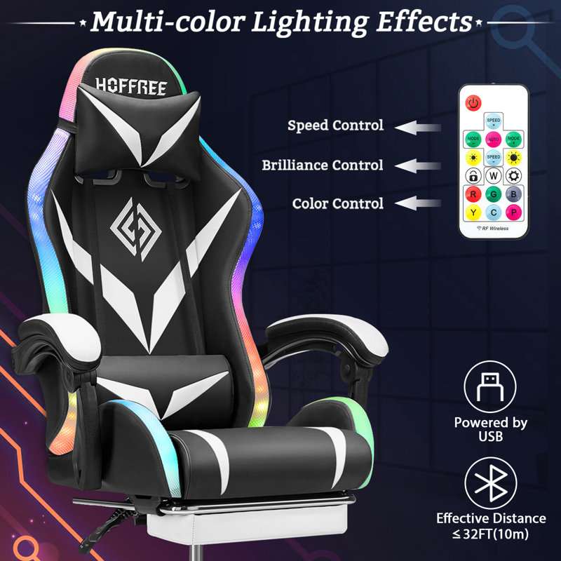 Hoffree Massage Ergonomic Gaming Chair with Bluetooth Speakers and RGB LED Lights, White/Black