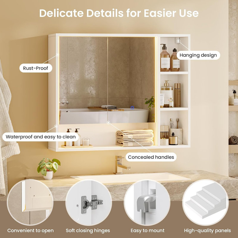 35.4''W X 30.7'H Wall-Mounted Medicine Cabinet with LED Lighting and Mirror, 2-Door Bathroom Medicine Cabinet With Adjustable Shelves And Open Storage, Aluminum Channel LED Lights