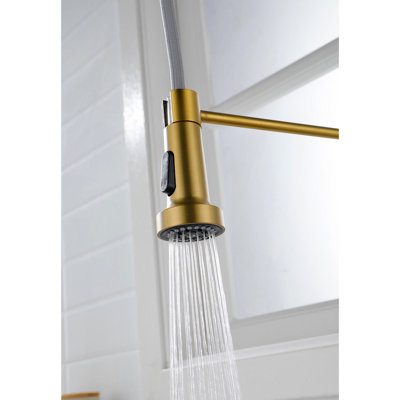 Brushed Gold Pull-Down Kitchen Tap, Stainless Steel, 360 Swivel Nozzle, Stream & Spray Outputs, Convenient Temperature Flow Adjustment Steel Faucet With Spray, Gold, Rotating Two Water Effortless