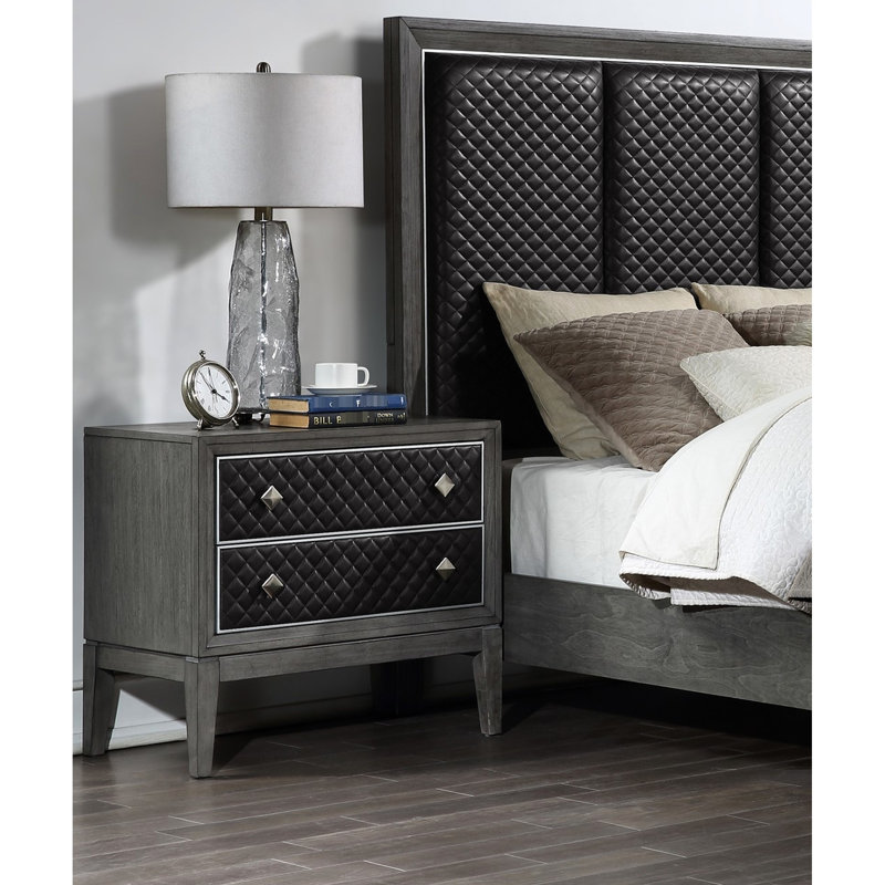 Table de chambre à coucher moderne gris - 2 tiroirs, similicuir, construction en placage de bouleau, 2 armoires, revêtement en cuir, motif décoratif peint
