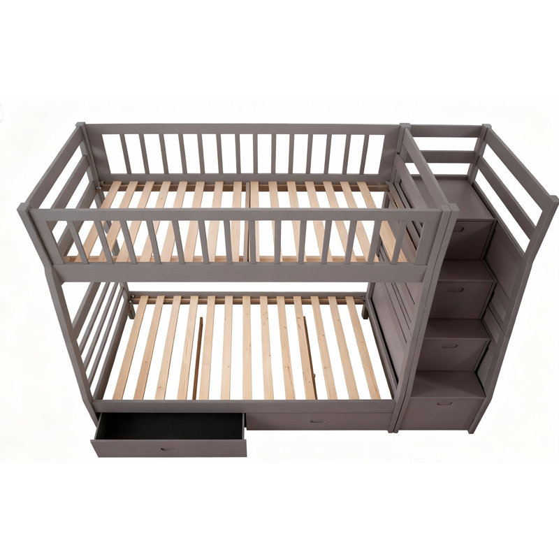 Lit superposé simple au-dessus d'un lit double avec tiroirs et escalier Mimi, Gris