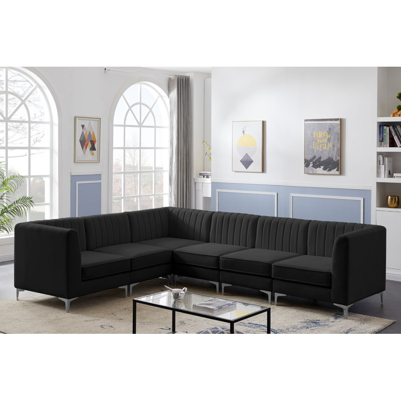 Enson Velvet L-Shaped Sectional Reversible, Black Velvet