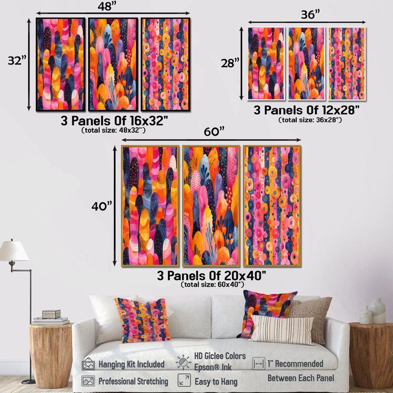 Rose et bleu bohème à pois et à rayures I - Collection d'art mural moderne, H 40 po x l 60 po, Impression encadrée flottante