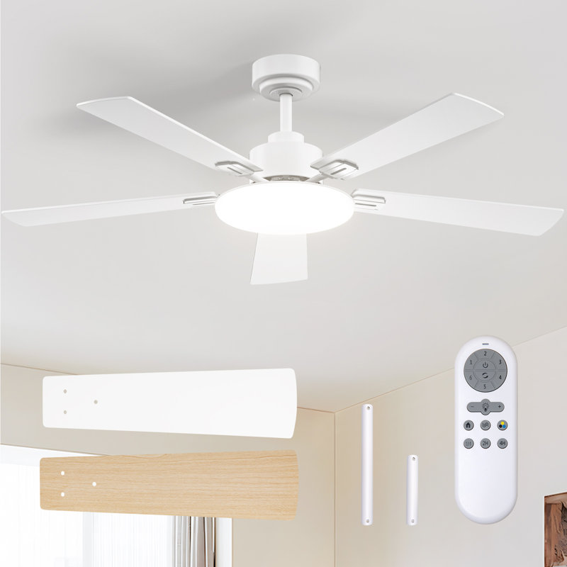 52" 5-blade Ceiling Fan With Light, Downrod Mount, 3cct Led, 6-speed Dc Motor, Remote Control, White, White