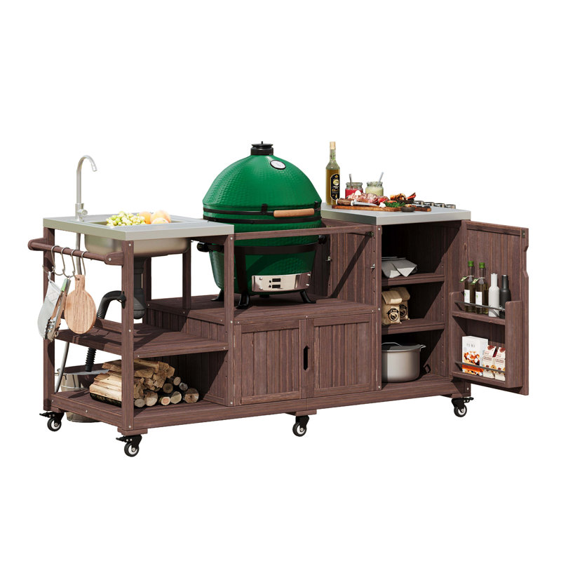 75.4" Outdoor Kitchen Island With Sink, Solid Wood Outdoor Grill Cart For XL Green Egg Grills, Rolling Outdoor Bar Cart With Stainless Steel Top, For Pizza Prep & BBQ