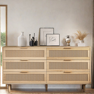 Abagayle 59'' Wide 6 - Drawer Dresser Rattan Bedroom Dresser Wood Dresser