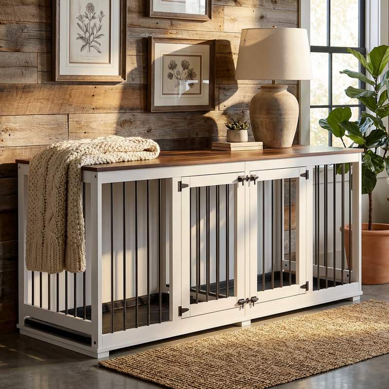 Large Dog Crate Furniture with Tray and Divider, White/Dark Brown