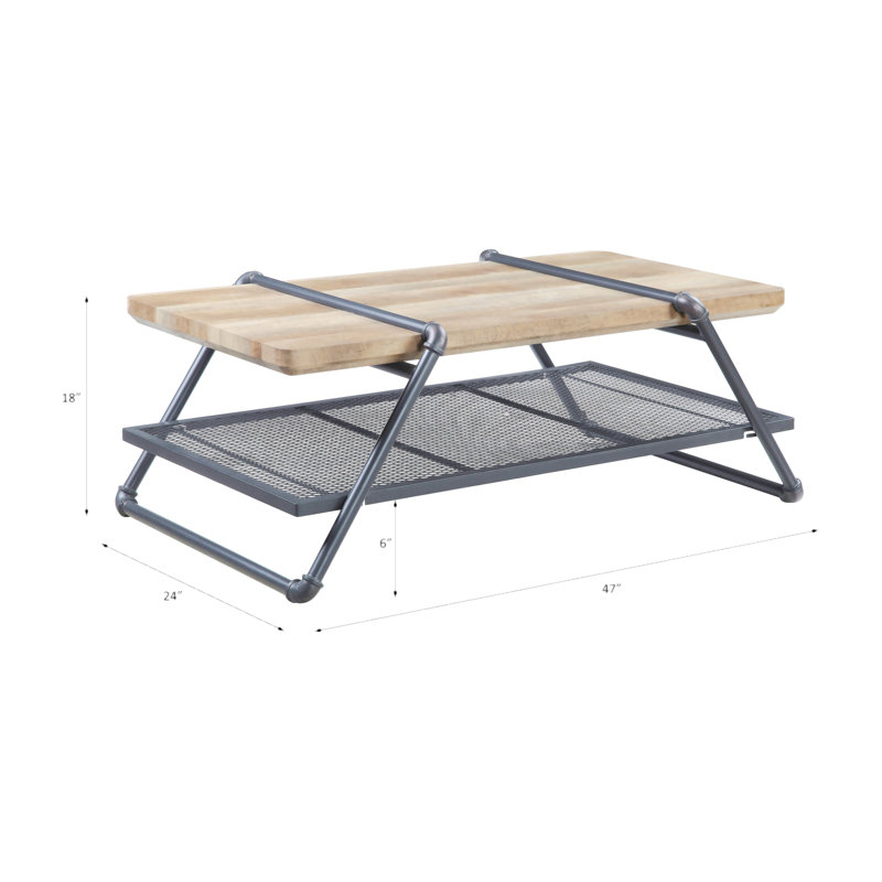 Brantley 47'' Oak and Gray Industrial Coffee Table with Metal Mesh Shelf