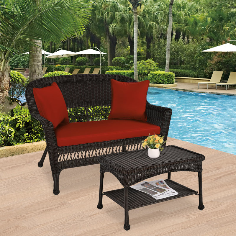 Nathanael 2 - Person Patio Conversation Set with Cushions, Espresso, Red Orange