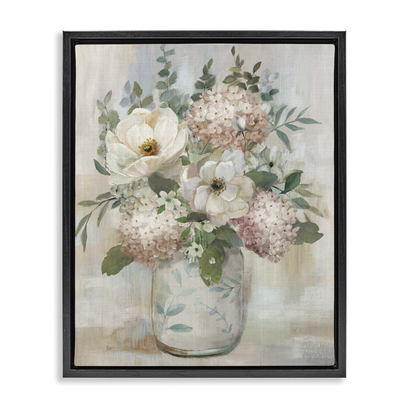 Bouquet d'hortensias et de magnolias, H 21 po x l 17 po, Cadre flottant noir de jais