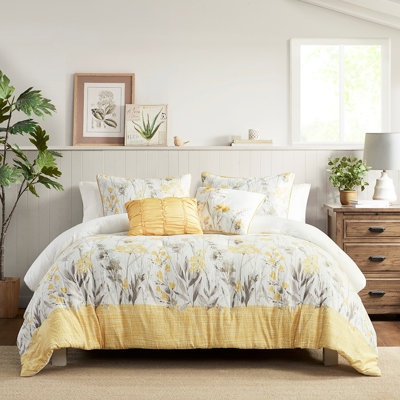 Édredon et coussin jaune en seersucker jaune, double / grand, détails brodés, chalet 5 pièces,