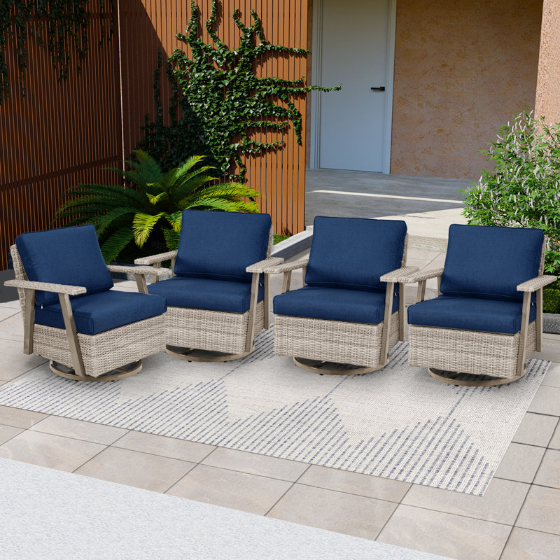 Chaise berçante 4 pièces avec coussins, rotin toutes saisons pour cour arrière, Bleu très foncé