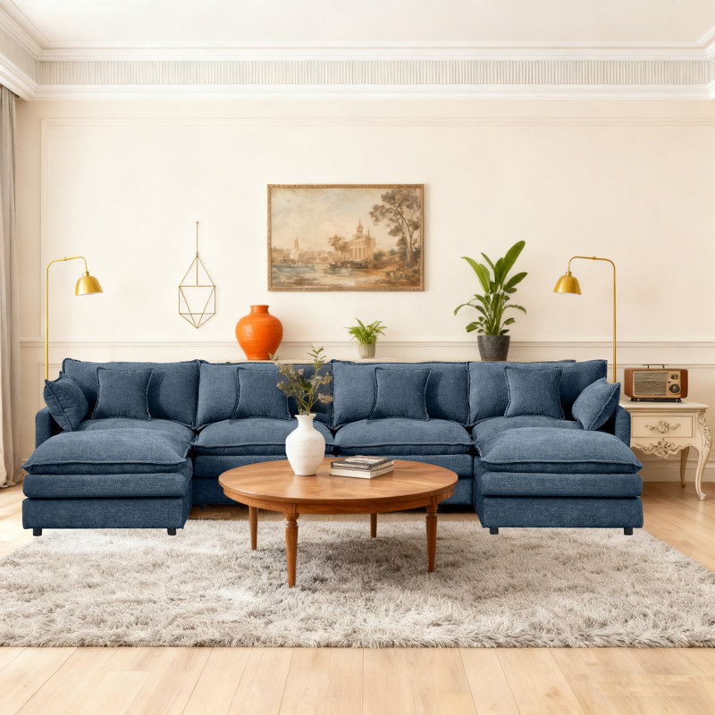 130" Oversized Upholstery Modular Sectional Sofas With Two Ottoman For Living Room, Blue Chenille