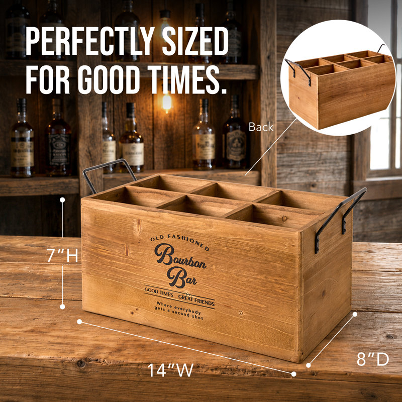 Bourbon Bar Wooden 6-Bottle Crate with Metal Handles, Rustic Beer Caddy, Vintage Bottle Drink Carrier and Wood Beverage Storage Organizer for Home Bar, Man Cave, Kitchen, Cabin and Farmhouse Decor