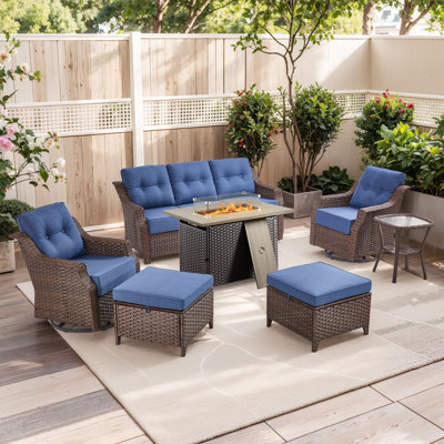 Ensemble de conversation d'extérieur en osier d'extérieur 7 pièces Elona avec glissières, repose-pieds et table d'appoint pour patio