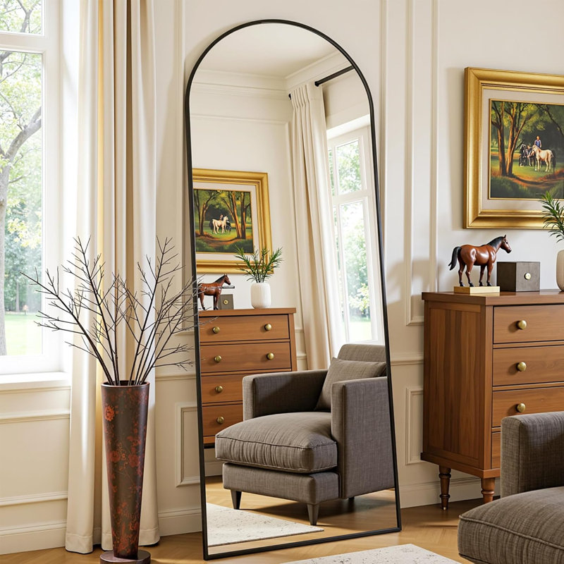 Arched Metal Oversized Full Length Mirrors Wall Mirrors with Stand, 58"×19", Black