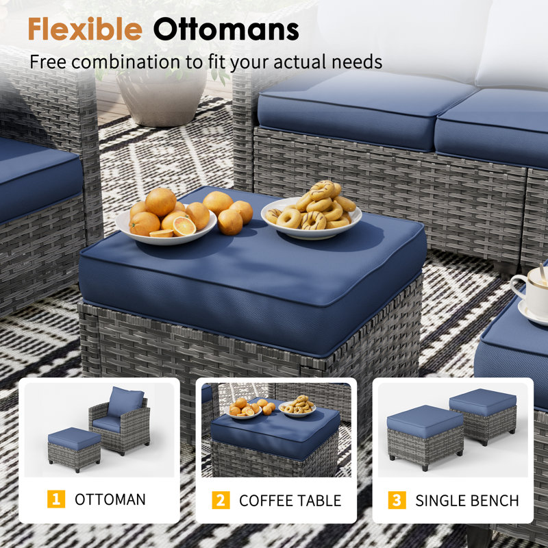 3-Person Patio Sofa With 2 Ottomans, Gray, Navy