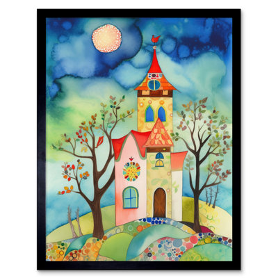Countryside Chapel Folk Art Watercolour Painting Artwork Framed Wall Art Print 9X7 Inch