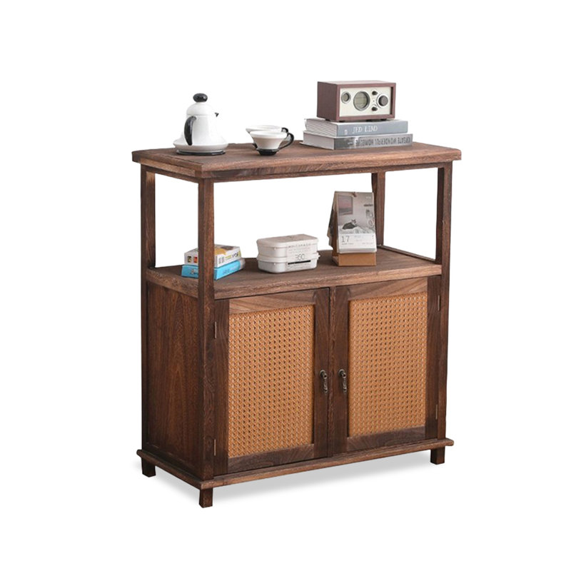 Buffet en bois massif brun et rotin, Brun