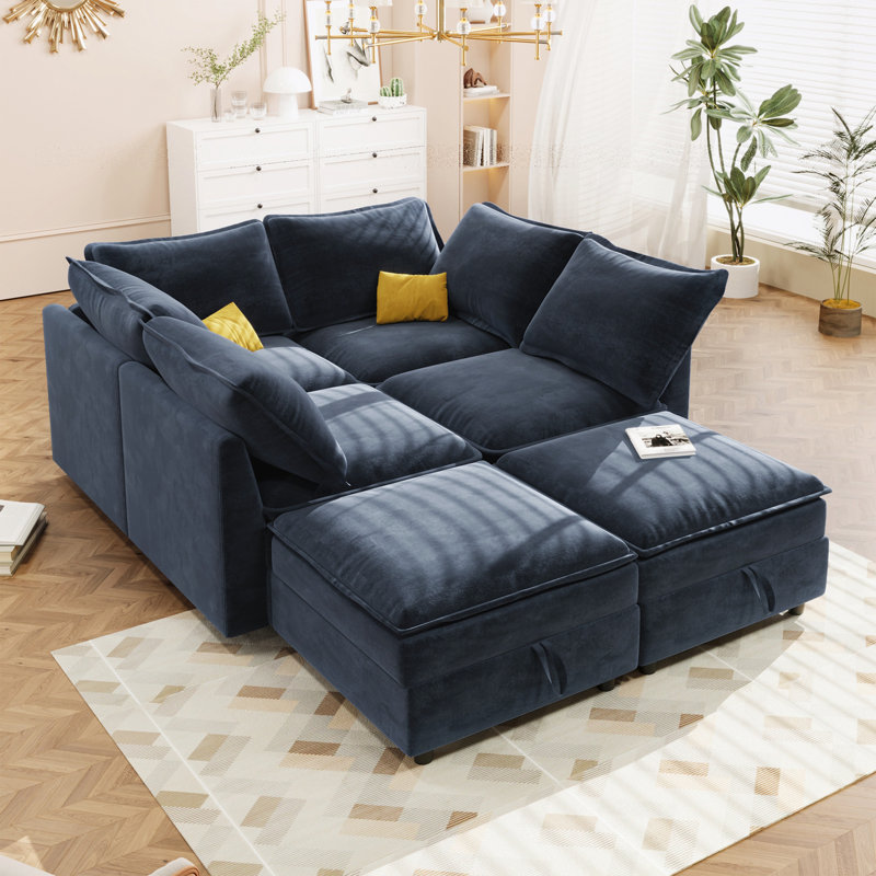 Canapé-lit modulaire en forme de U Taquila, Polyester bleu foncé