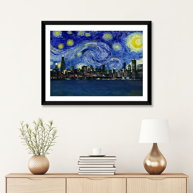 Chicago, Illinois, nuit étoilée, impression d'art graphique, H 24 po x l 32 po x P 1 po, Papier encadré noir