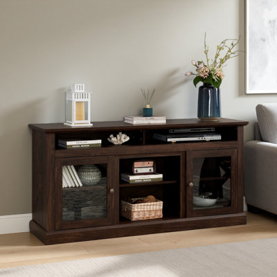 Meuble télé moderne pour téléviseur de 65 po ou moins, meuble télé de style maison de campagne avec portes en verre pour le salon