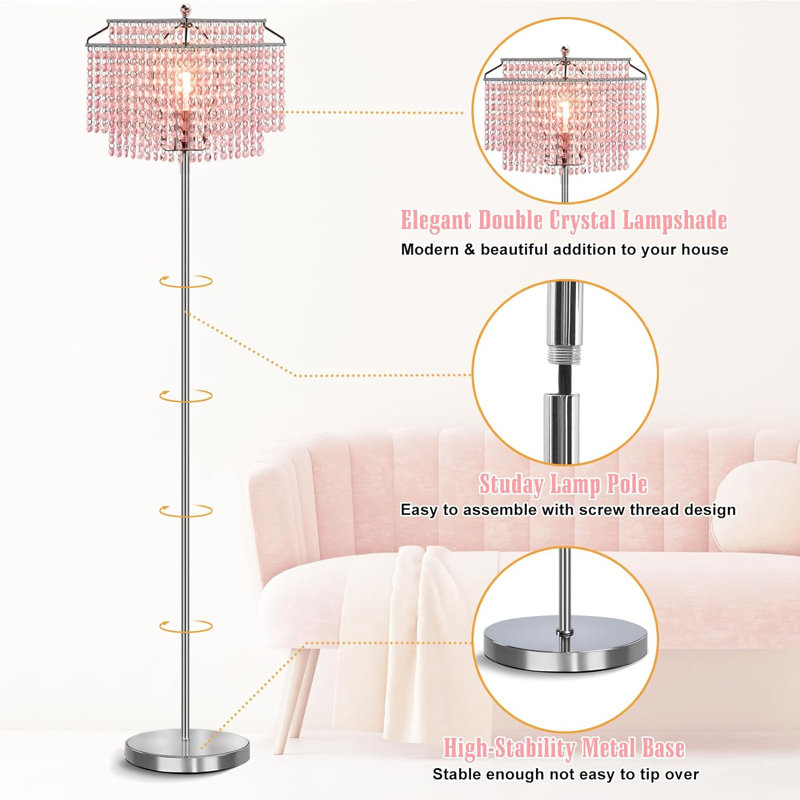 64.2'' Chrome LED Novelty Floor Lamp with USB, Brushed Silver, Pink