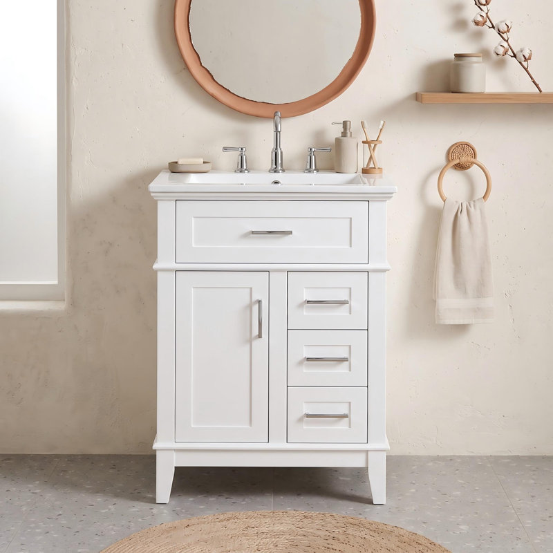 Meuble-lavabo 24 po avec lavabo en céramique, tiroir rabattable et 3 tiroirs, White