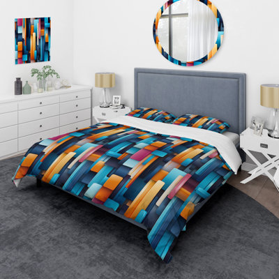 Ensemble de housse de couette bleu et rose à motif futuriste à rayures III