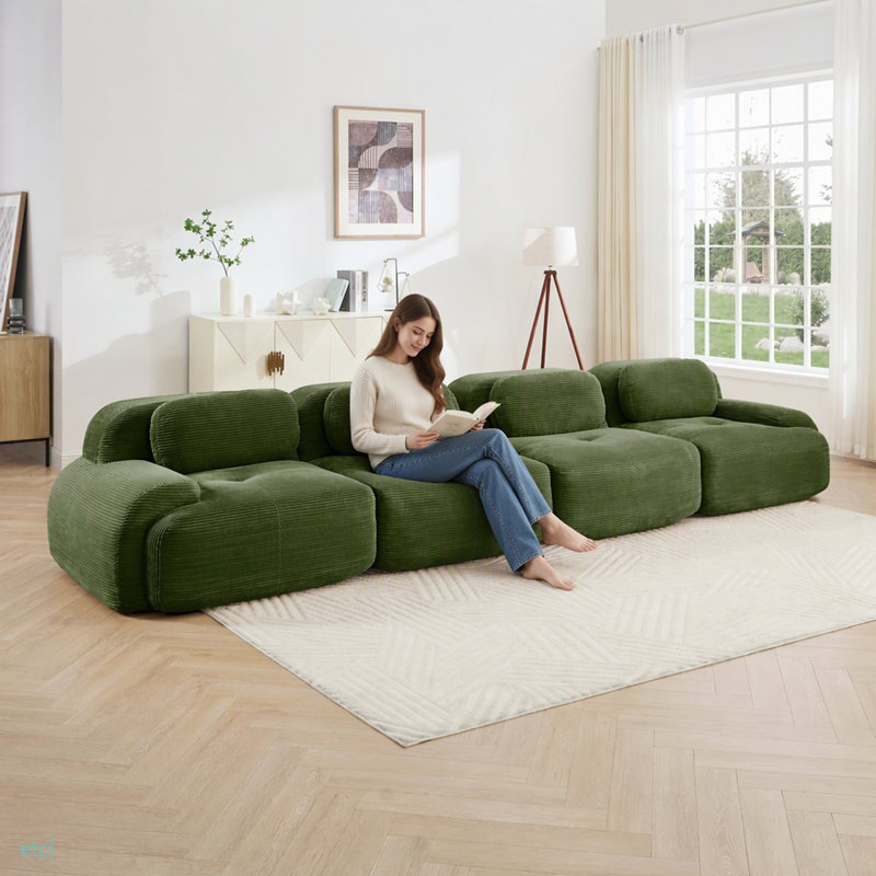 Canapé 4 places en velours côtelé doux 32D éponge haute résilience ergonomique compatible avec les animaux de compagnie compression complète sans emballage combiné sans assemblage pour les études de chambre à coucher, vert olive