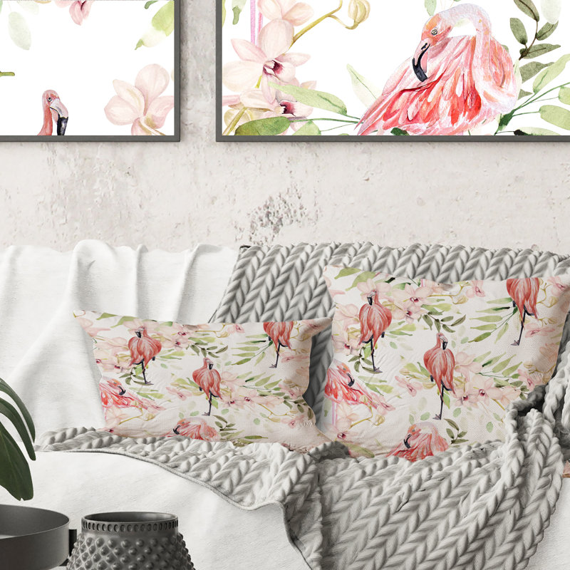 Coussin décoratif à motif vif avec motif de fleurs lumineuses et oiseaux flamants
