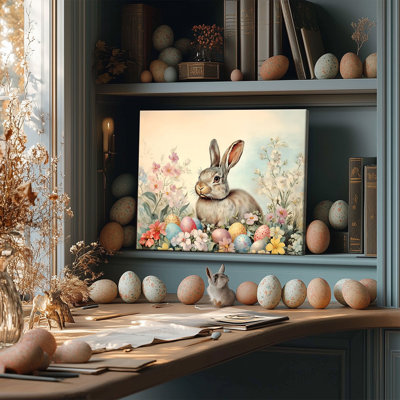 P&L Art Framed Canvas Wall Art - 12"x16" Whimsical Grey-Brown Bunny & Floral Easter Eggs Print - Cozy Bedroom Hallway Easter Decor