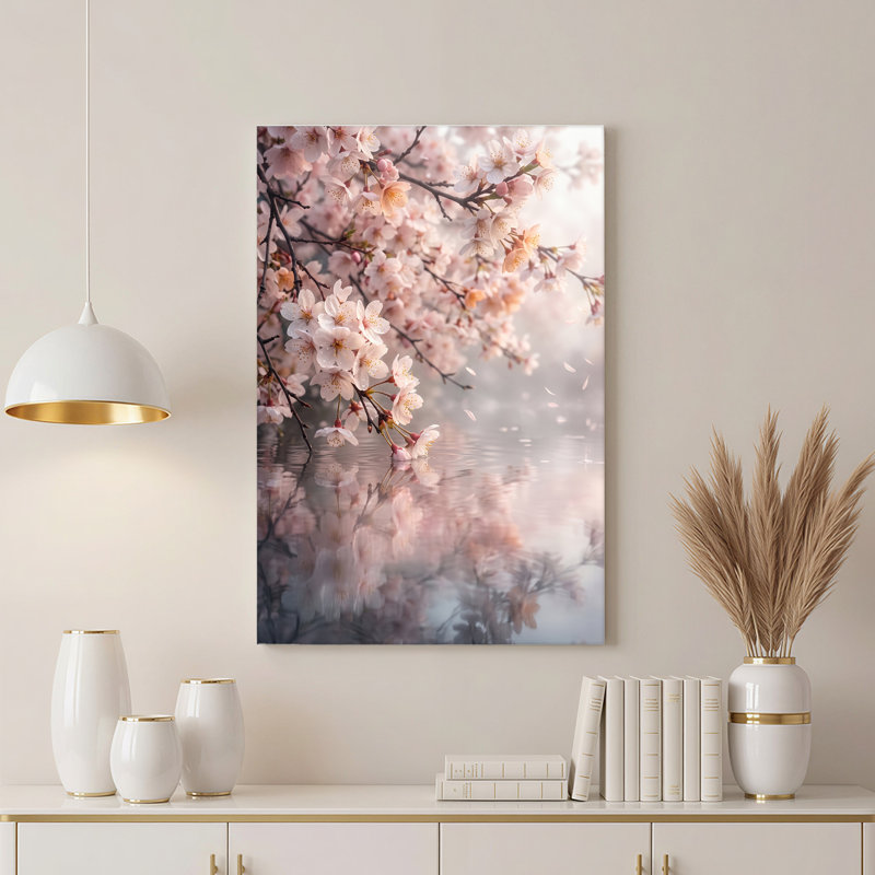 Art mural sur toile de fleurs de cerisier roses sur l'eau, 48"H x 36"W