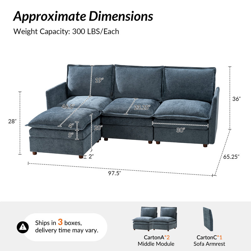 Canapé modulaire surdimensionné à double couche avec rangement et pédale extensible Cashin, Polyester bleu