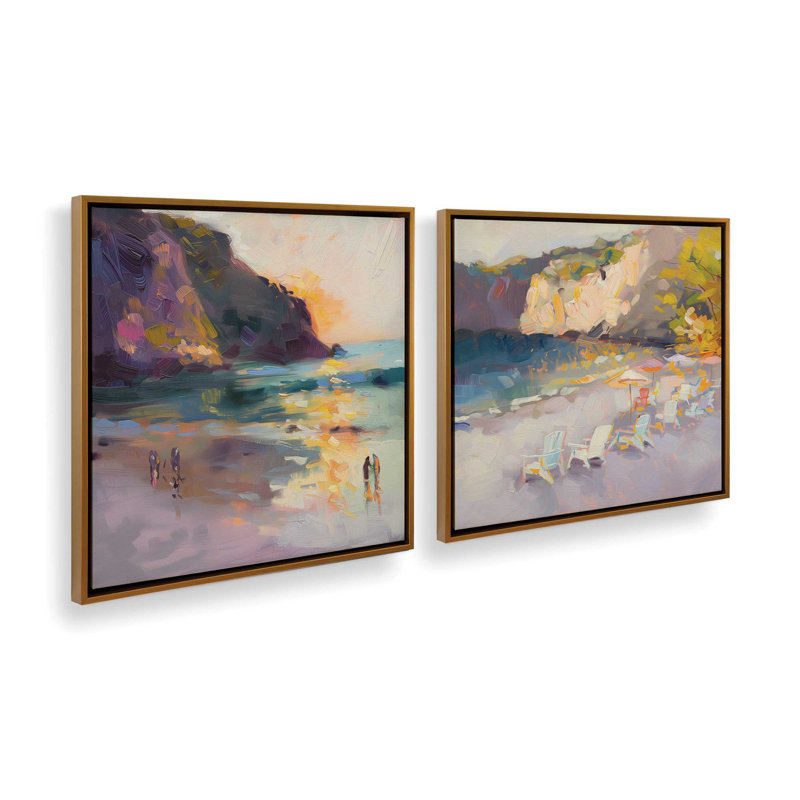 Ensemble de 2 pièces Nocturne Sunset sur toile par Azure Artisanal Studio, Cadre flottant or poli