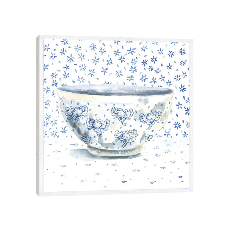 Blue China by Denis Orio Ibañez - Painting on Canvas, 66.04 cm H x 66.04 cm W, White Framed