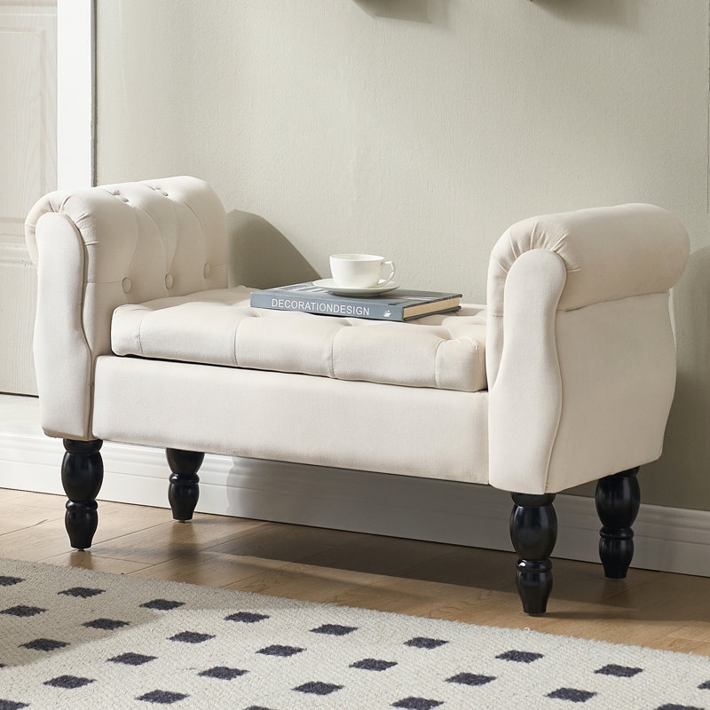 Upholstered Flip Top Storage Bench With Solid Wood Legs, Cream