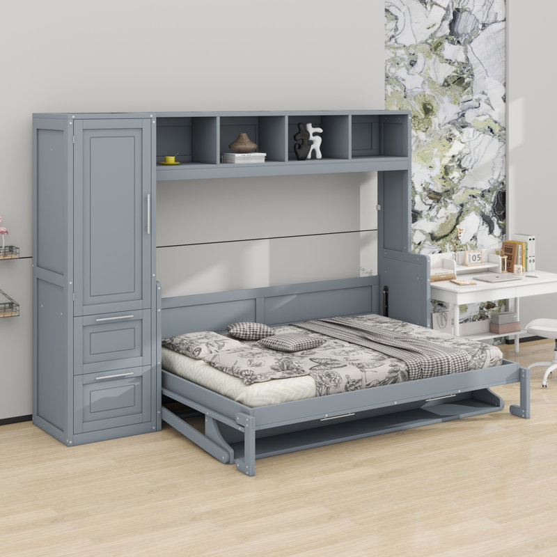 Lit escamotable Murphy avec placard et tiroirs, Gris