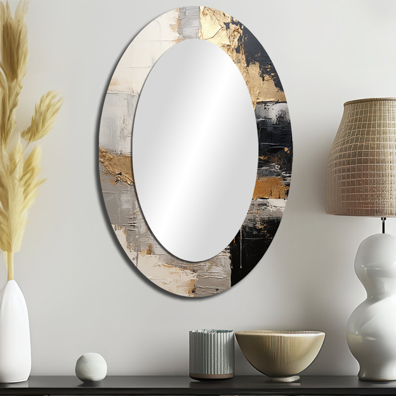 Gris gris or minimalisme Poteries I - Miroir décoratif ovale abstrait sur métal, 36 po x 24 po