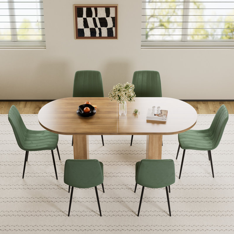 Ensemble de table de salle à manger Mid-Century, 7 pièces : table, 6 chaises, Vert, Chêne